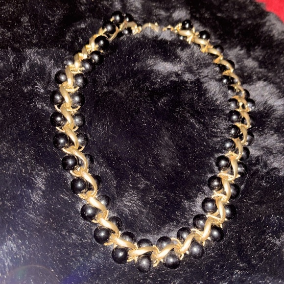 Monet 1980s  Double Black Glass  Bead Gold Wired Loops Collar Necklace - Picture 4 of 13